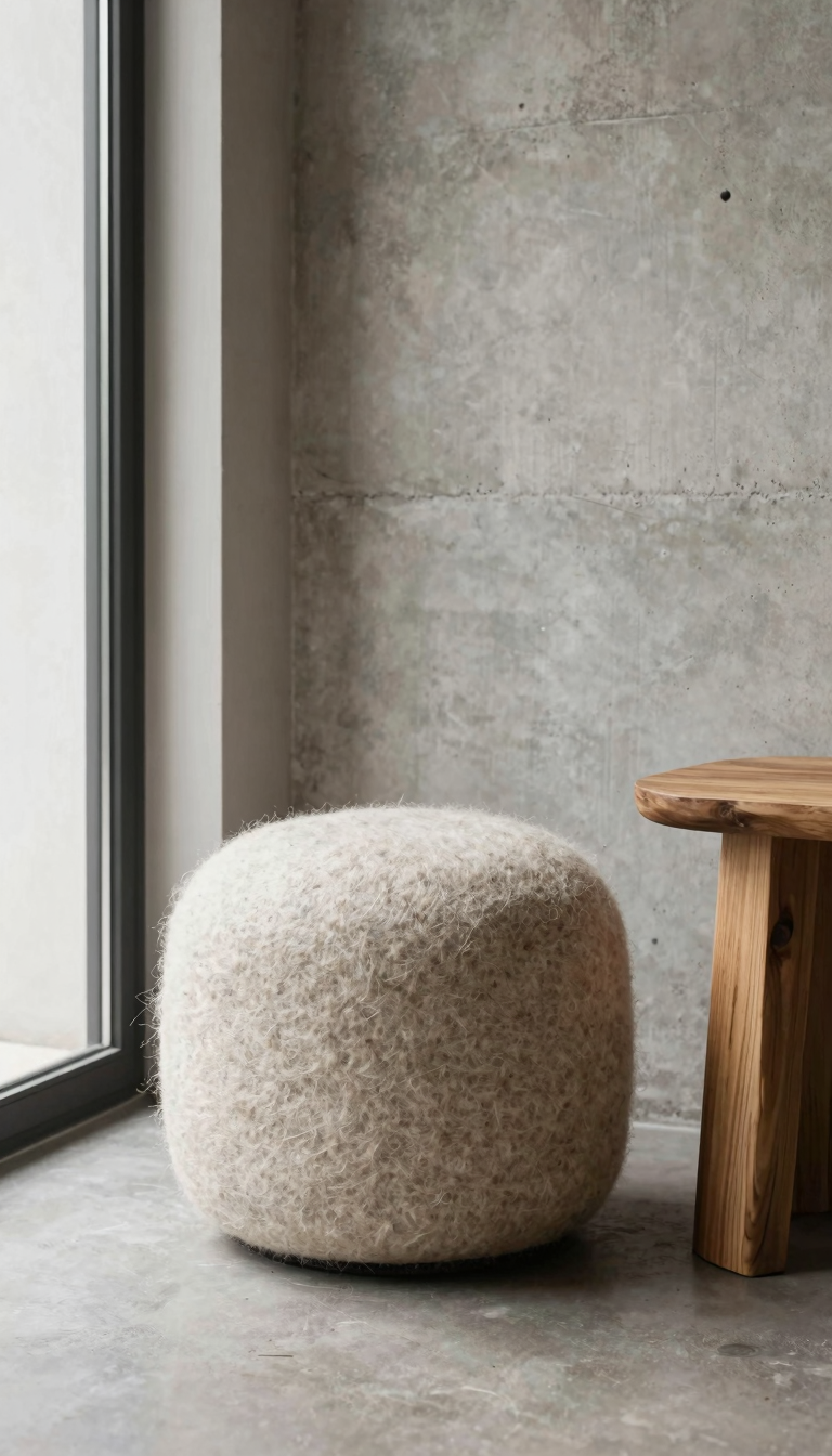 Wool felt pouf in a neutral color in a minimalist entryway