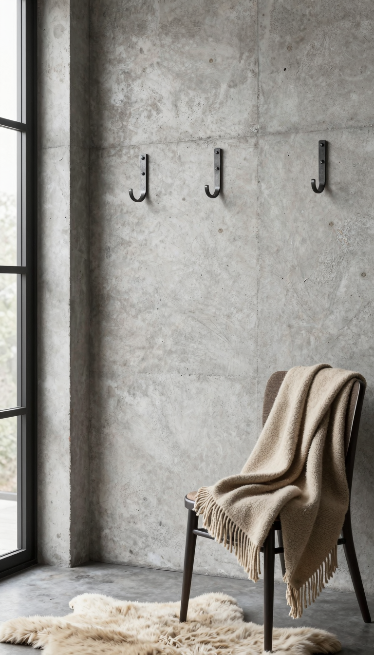 Raw metal wall hooks mounted on a concrete wall in an entryway