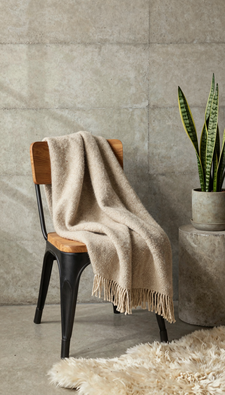 Chunky wool throw blanket draped over a black metal chair in a brutalist room