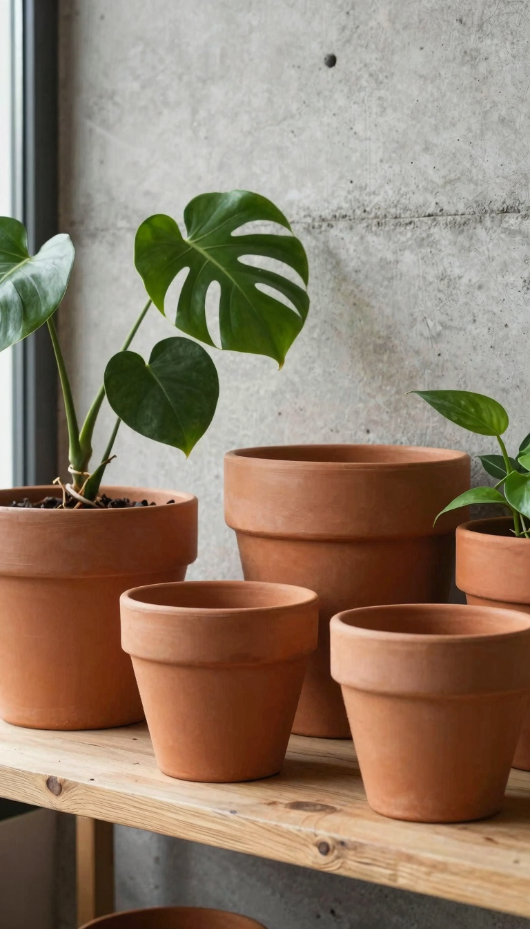 Matte terracotta planters with monstera and pothos plants on a raw wood shelf