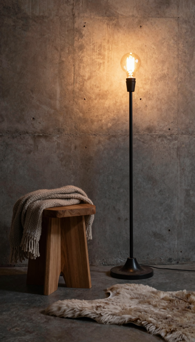 Exposed bulb floor lamp with cast-iron base next to a raw wood side table