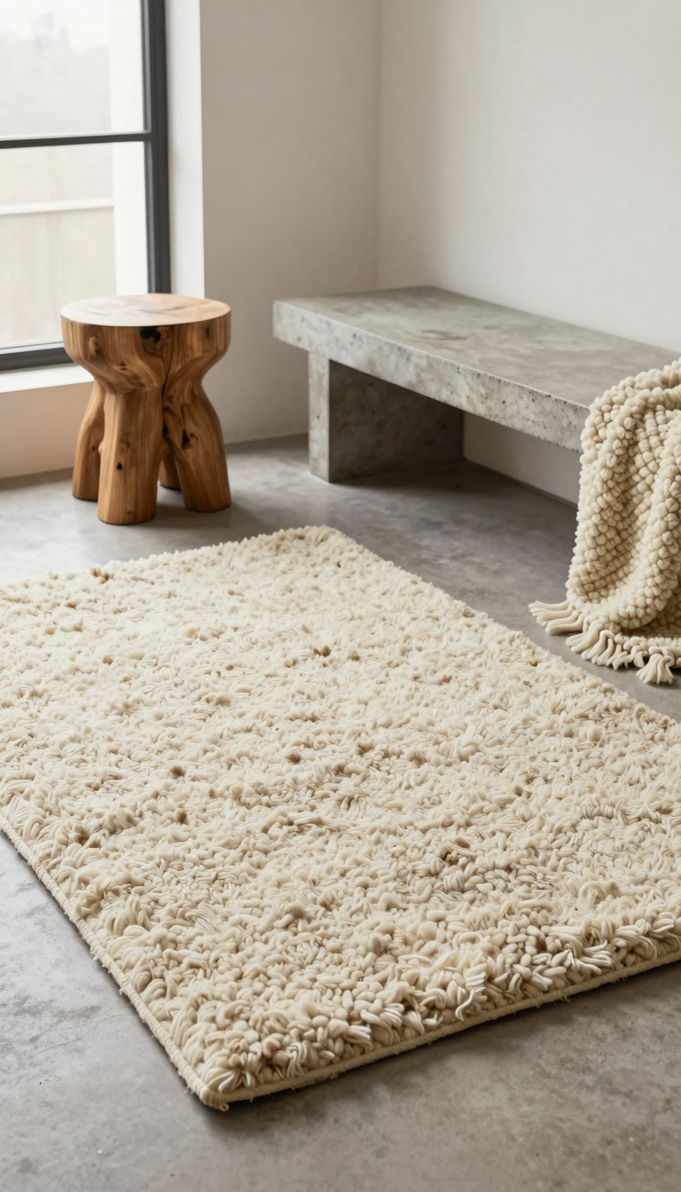 Natural sheepskin rug with wool side up in front of a concrete bench