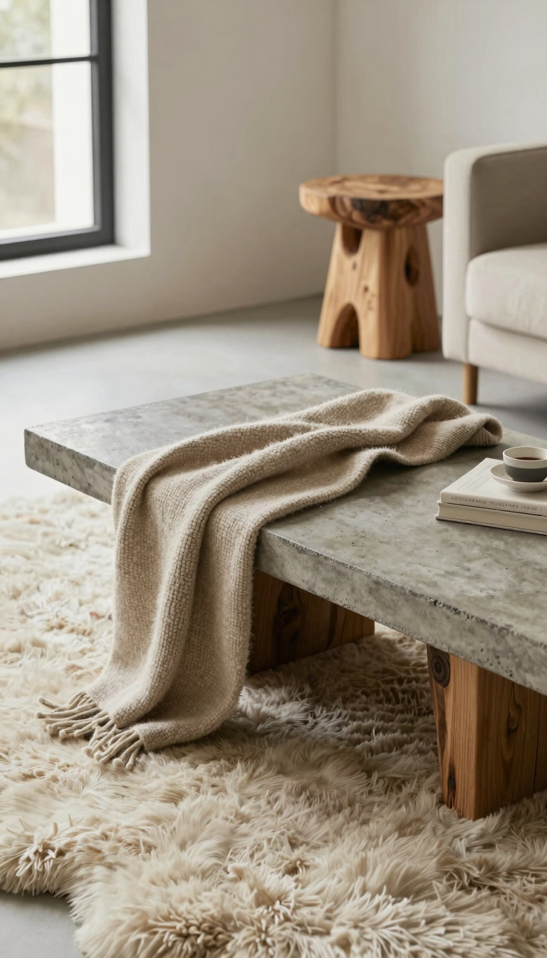 Concrete coffee table with live-edge wood base in a minimalist living room
