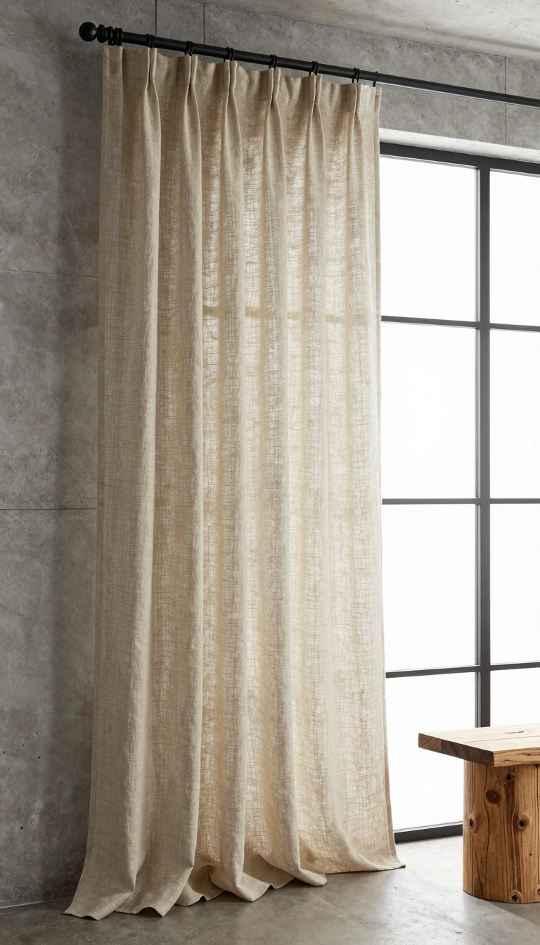 Linen curtains in warm beige hanging from a black metal rod in front of a window
