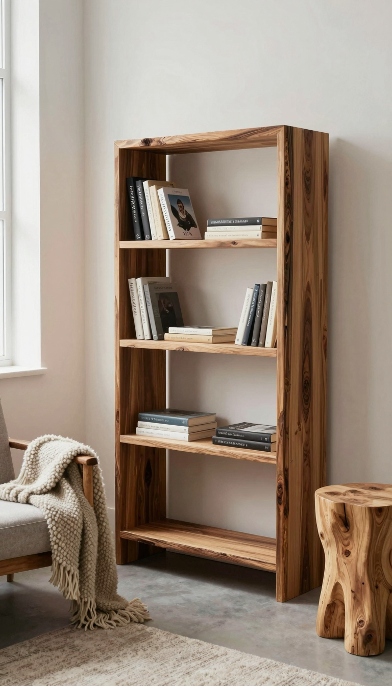Raw wood bookshelf with live edges in a minimalist living room