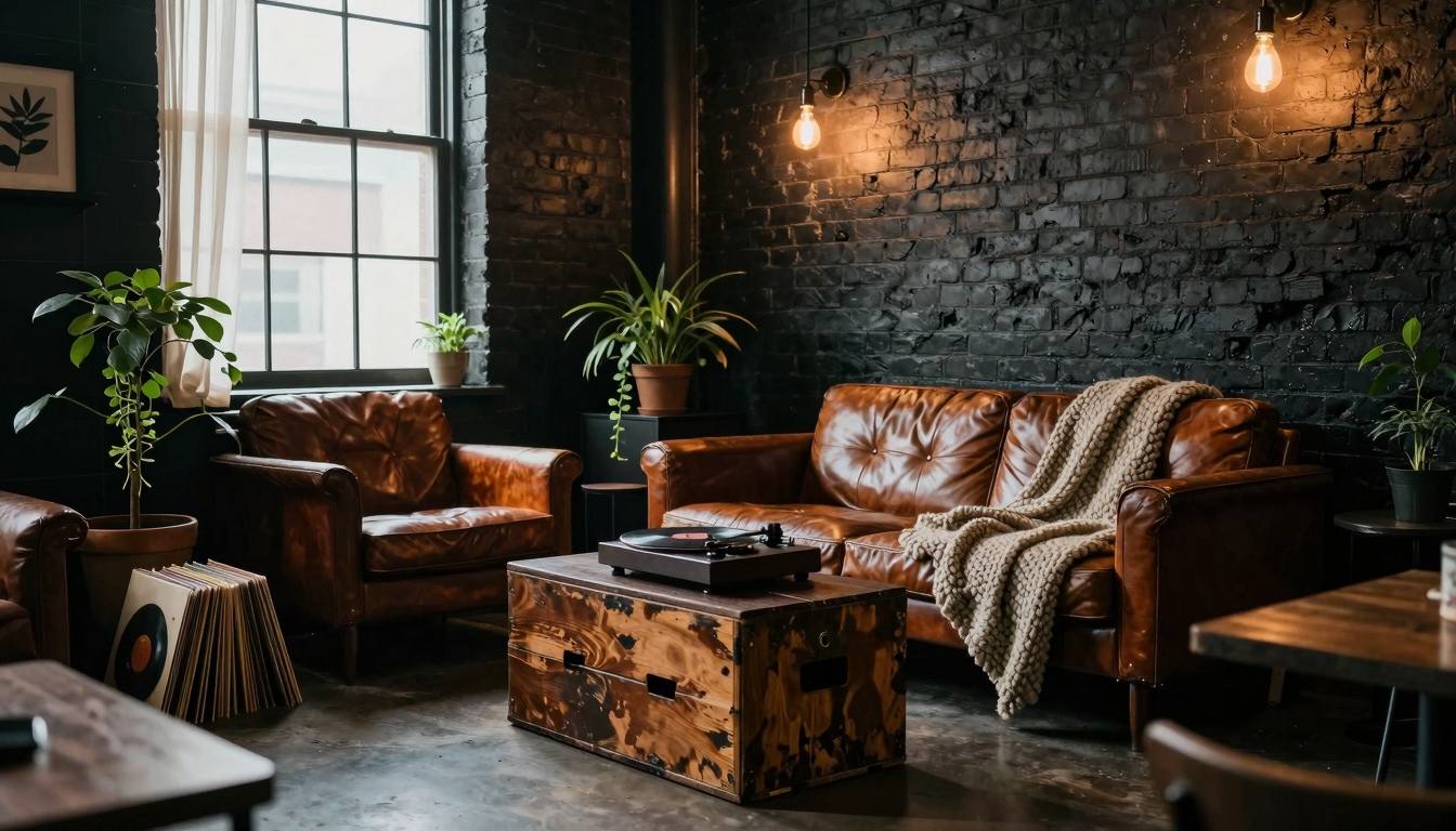 A cozy loft interior with exposed brick walls, warm Edison bulb lighting, and a mix of vintage leather furniture and chunky knit throws