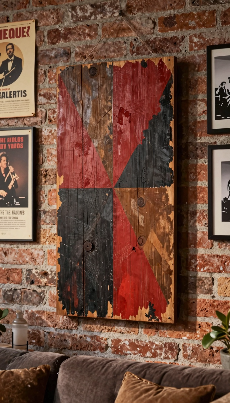 A piece of distressed wood wall art with a hand-painted design, hanging on a brick wall