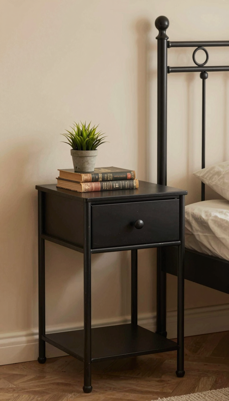 A black metal bedside table with a small drawer and a shelf underneath, topped with a stack of vintage books