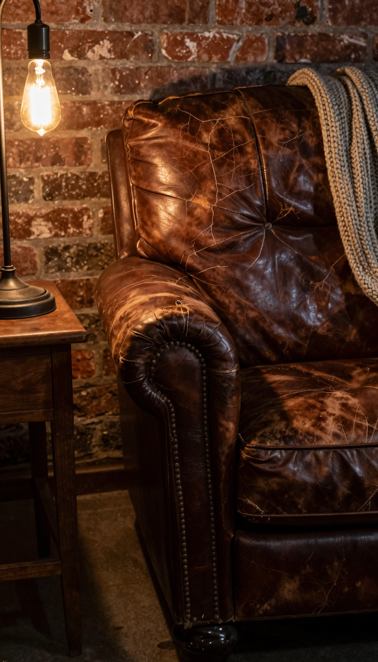A distressed leather armchair with visible cracks and wear, placed in a dimly lit room with warm lighting