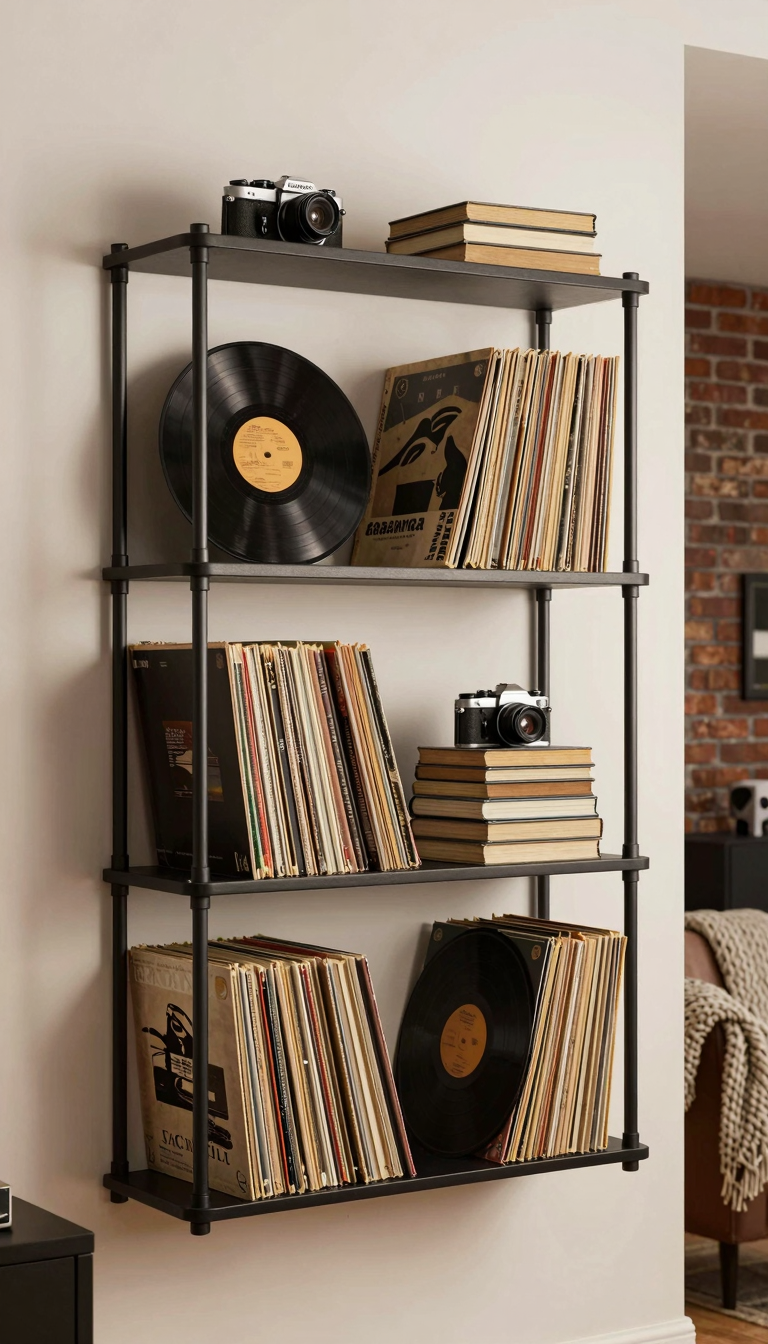 Black metal pipe shelving filled with vinyl records, vintage cameras, and stacks of worn-out books