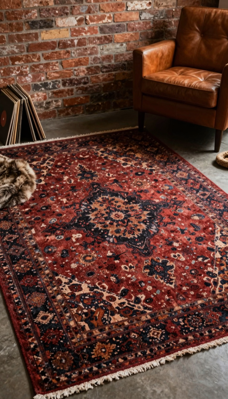 A vintage-inspired area rug with a faded abstract pattern, placed in a cozy living room with exposed brick walls