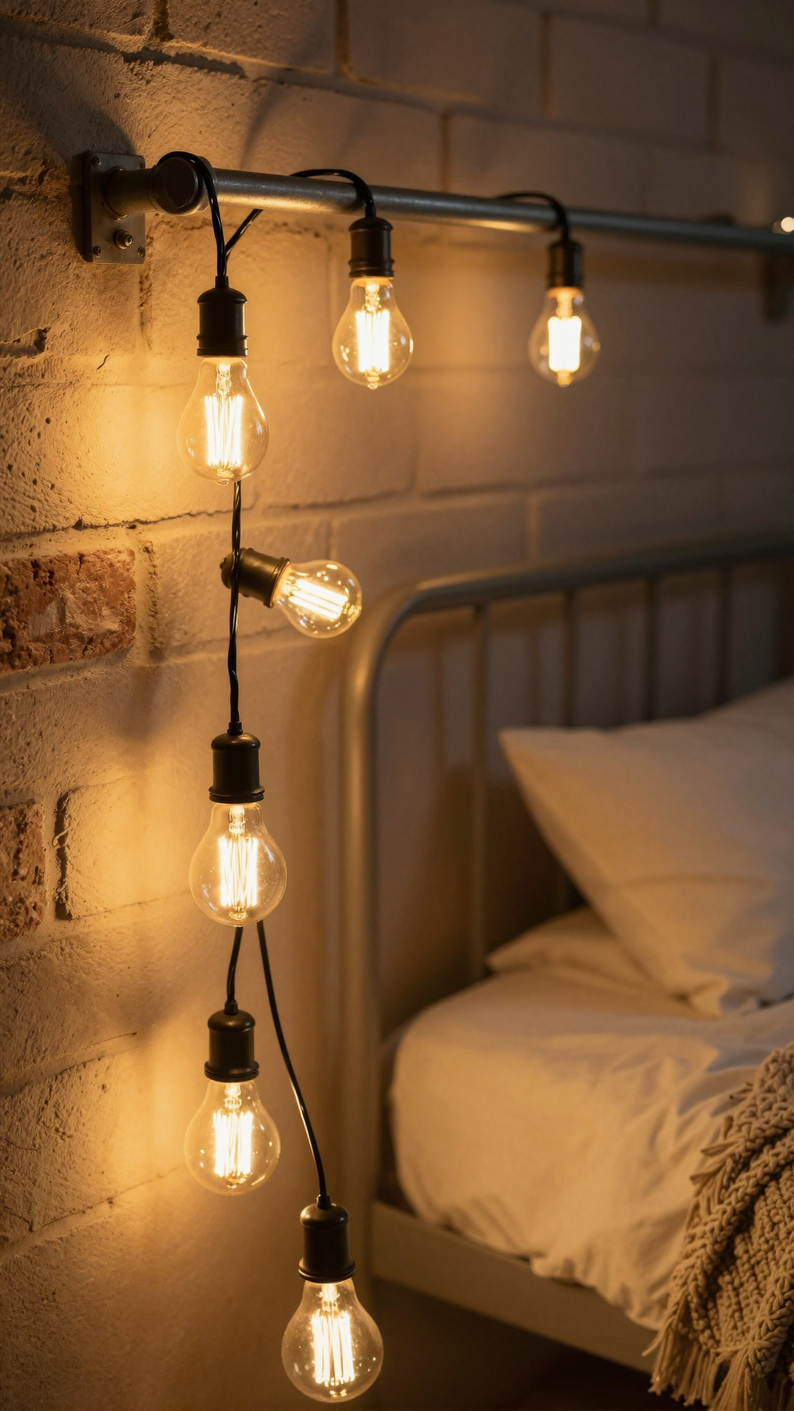 A string of Edison bulb lights draped over a metal shelf and around a bed frame, casting a warm glow