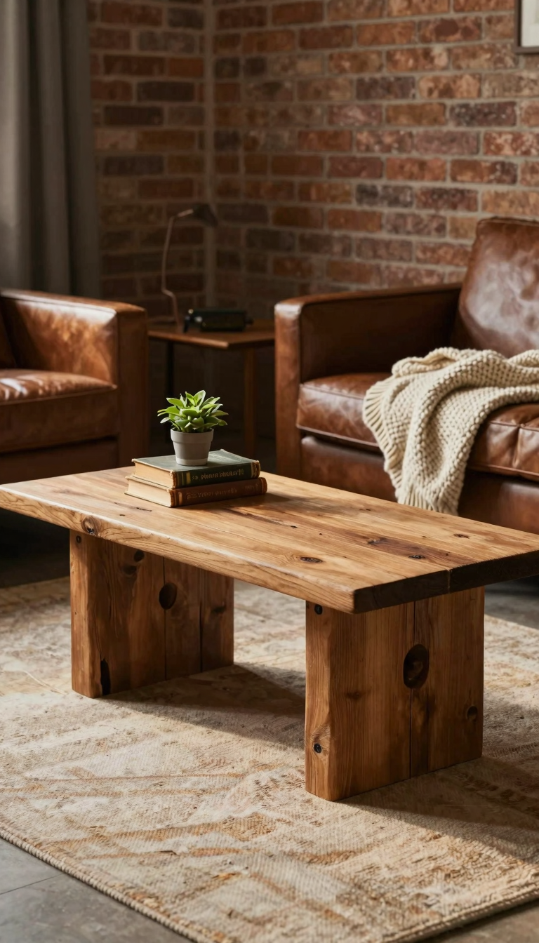A reclaimed wood coffee table with chunky legs, topped with a stack of vintage books and a small potted plant