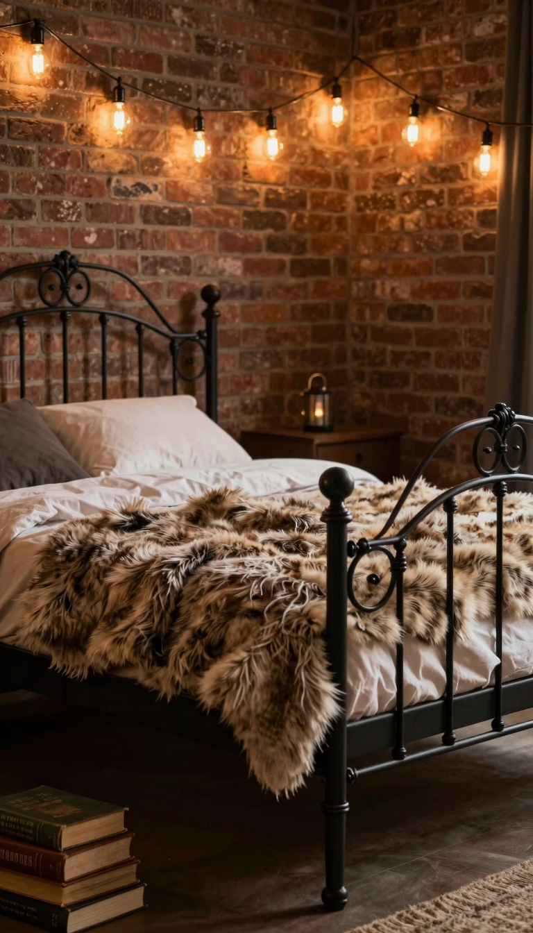 A black wrought iron bed frame with intricate scrollwork, topped with a chunky faux fur throw blanket
