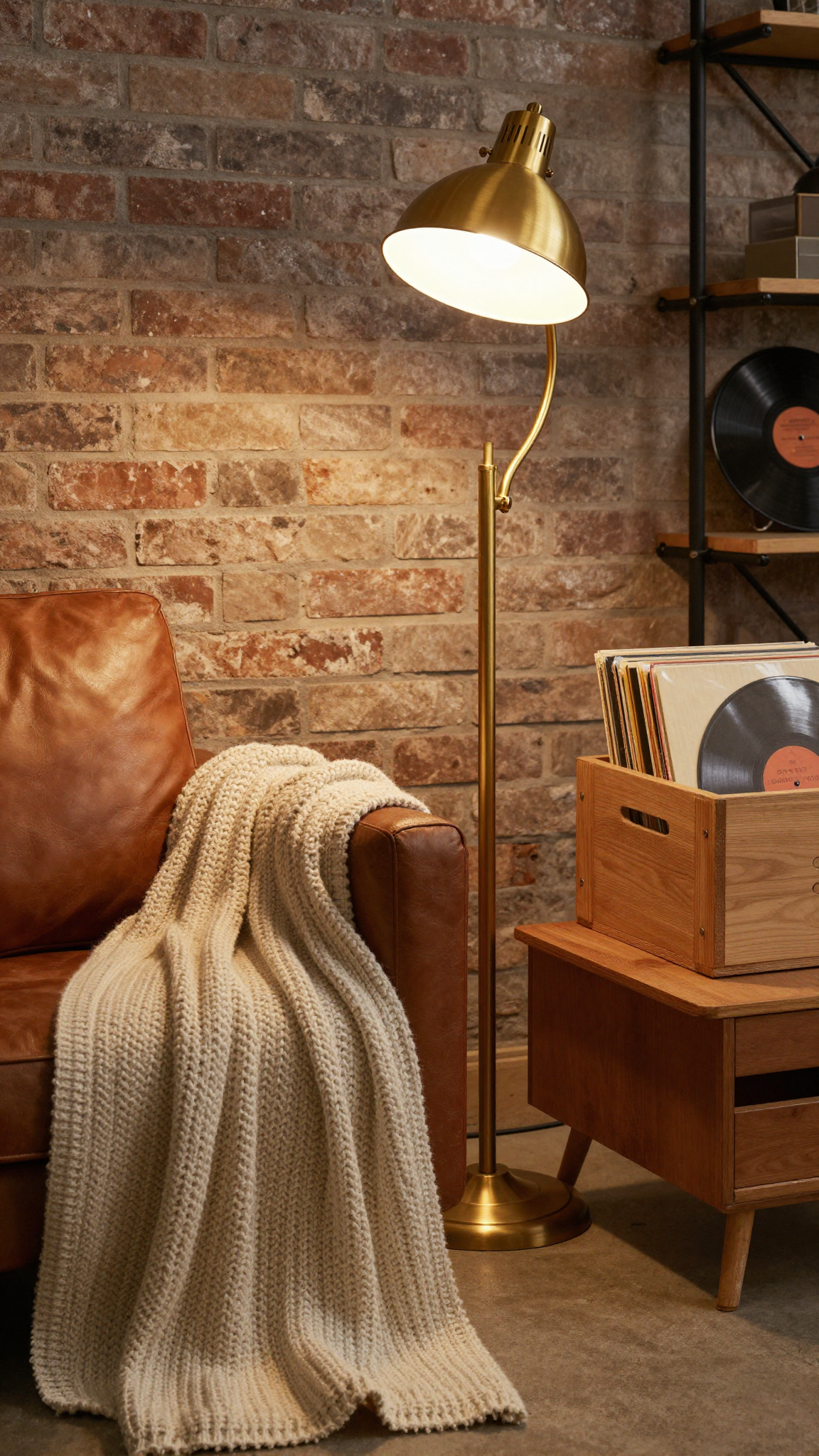 A vintage-inspired floor lamp with a brass finish and a curved arm, casting a warm glow over a leather armchair