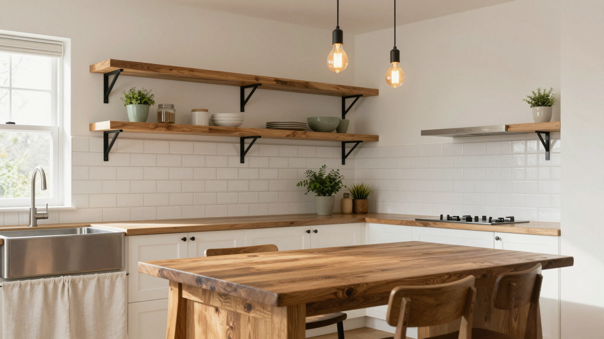 Rustic modern kitchen with open shelving, subway tile backsplash, farmhouse sink, and Edison bulb pendants