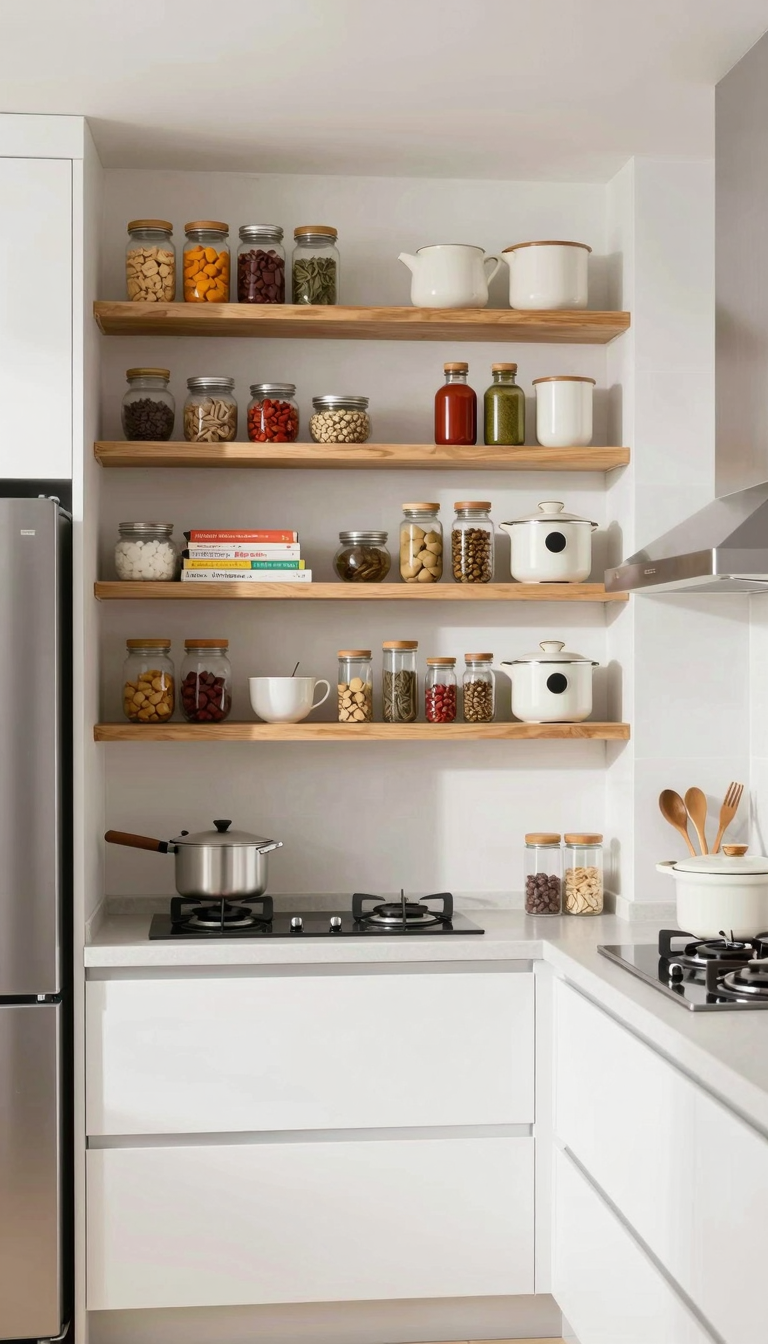 Floating wooden shelves in a narrow galley kitchen