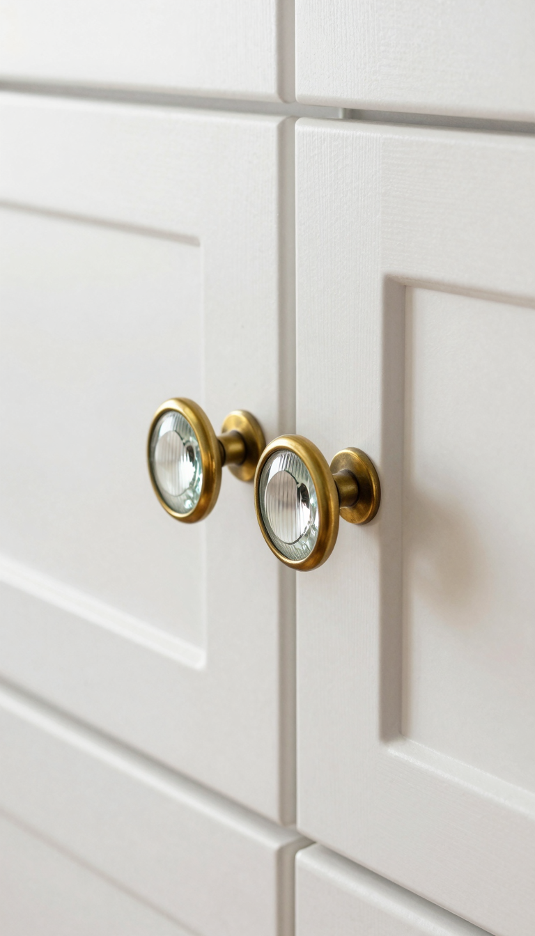 Brass and glass cabinet pulls on white shaker cabinets