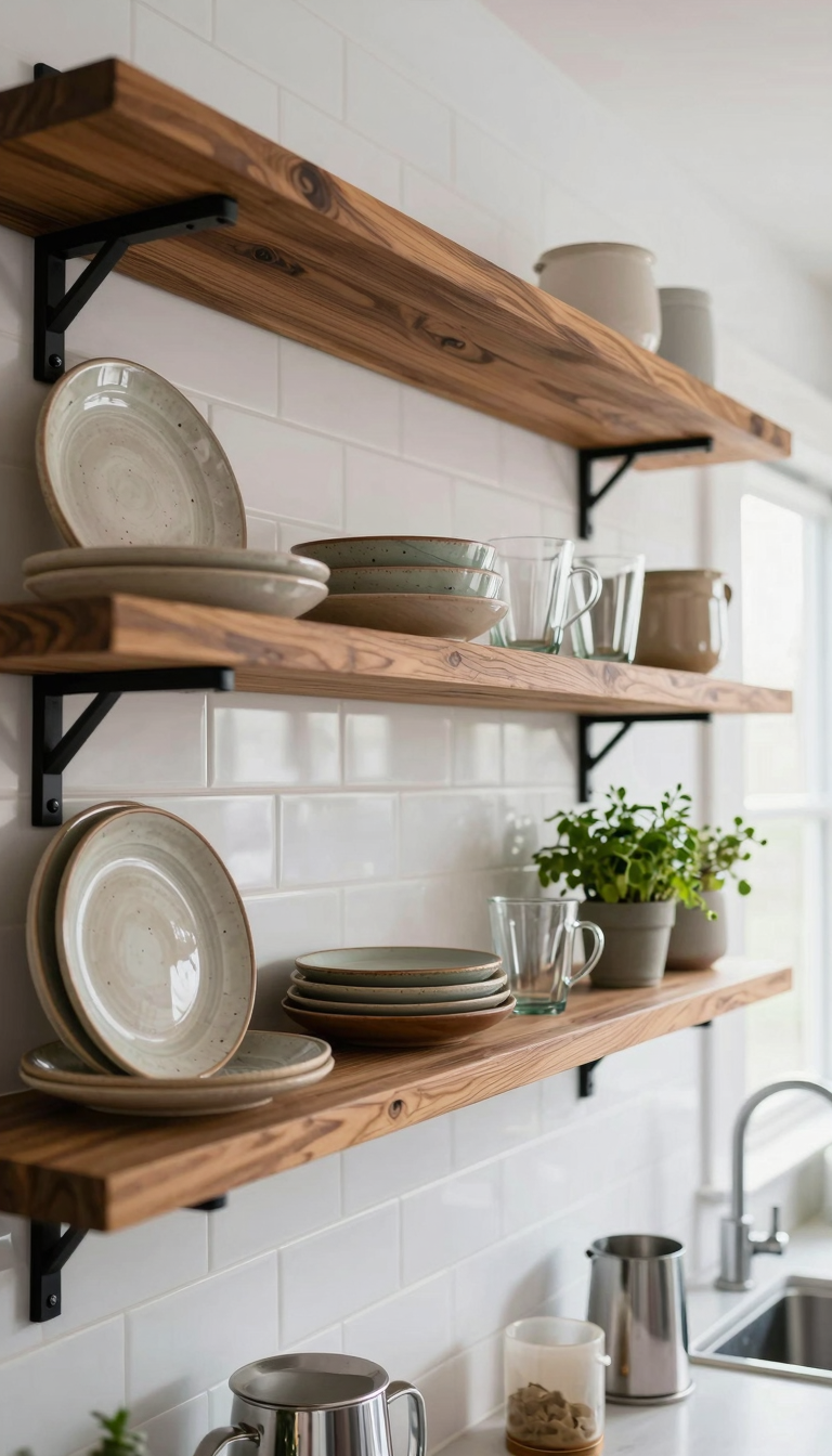 Open wooden shelves with vintage dishes in a rustic modern kitchen