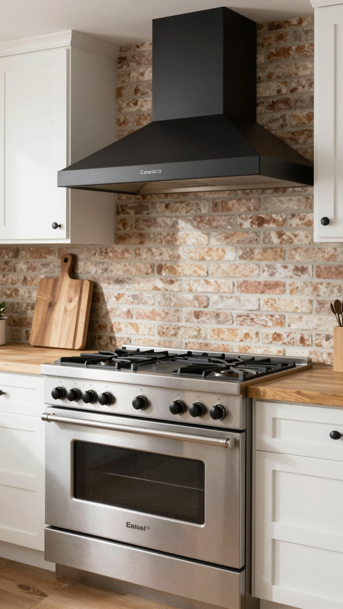 Black matte range hood above a stainless steel stove in a rustic kitchen