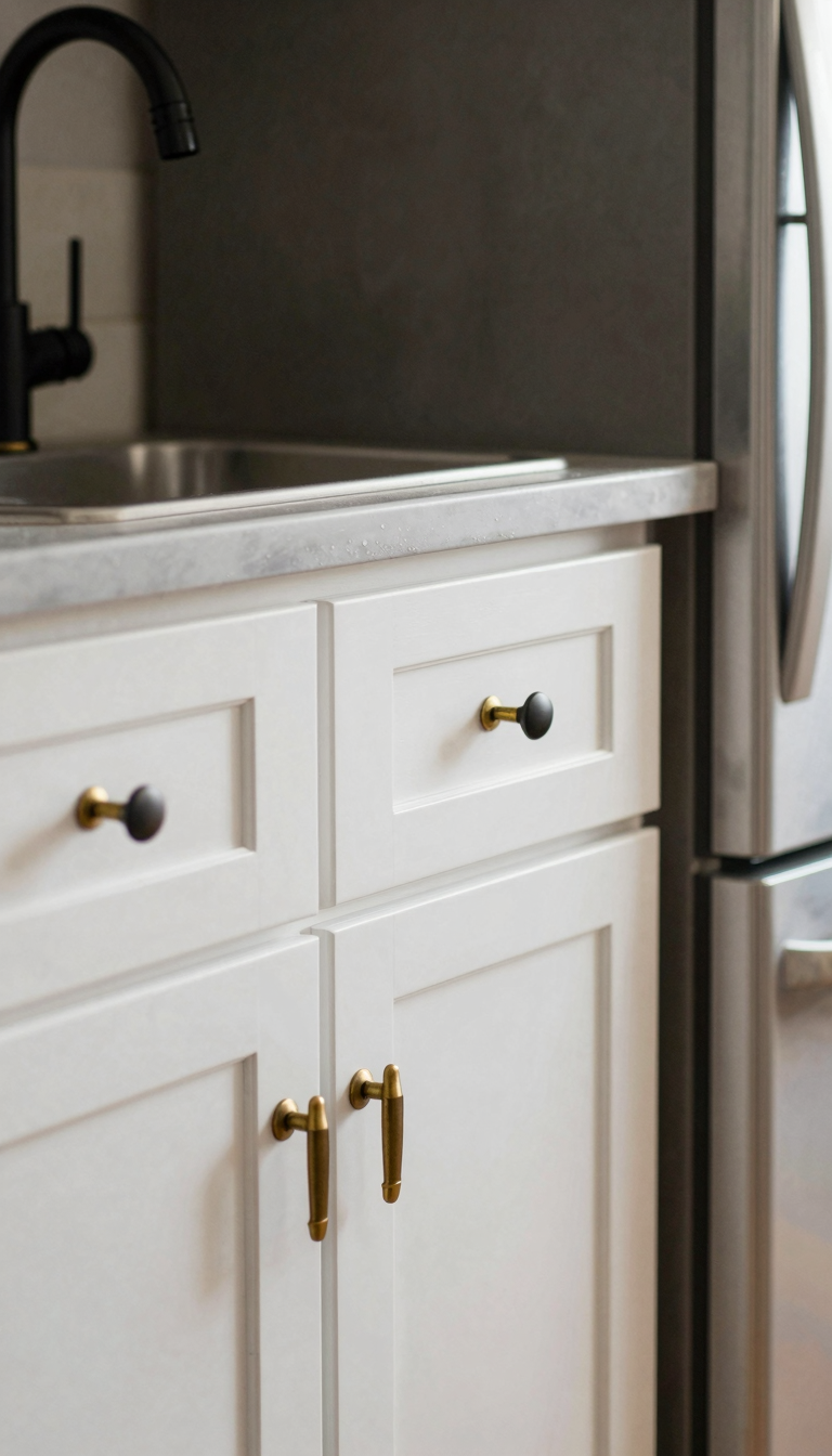 Brass and black cabinet pulls on white shaker cabinets in a rustic kitchen