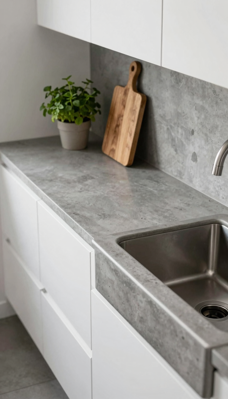 Concrete countertops with a matte finish in a rustic modern kitchen