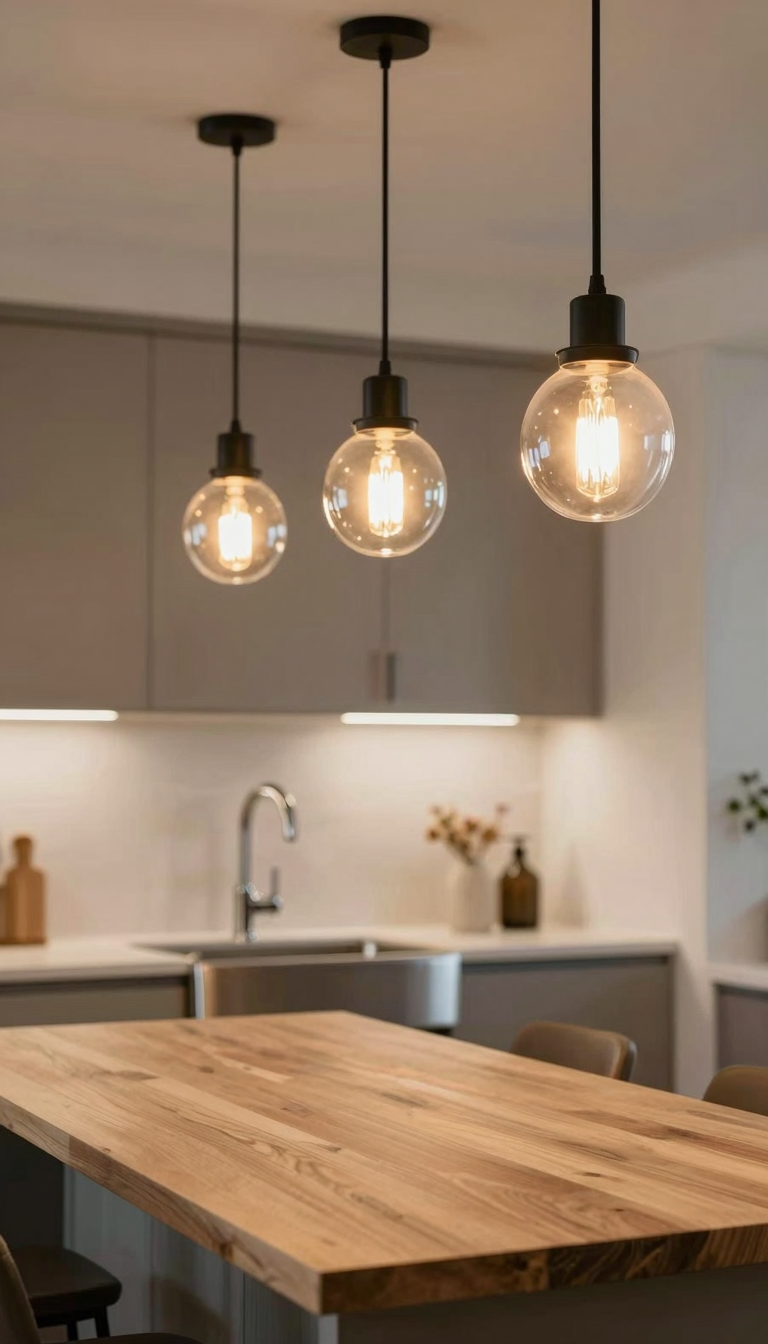 Black metal and glass pendant lights over a farmhouse sink