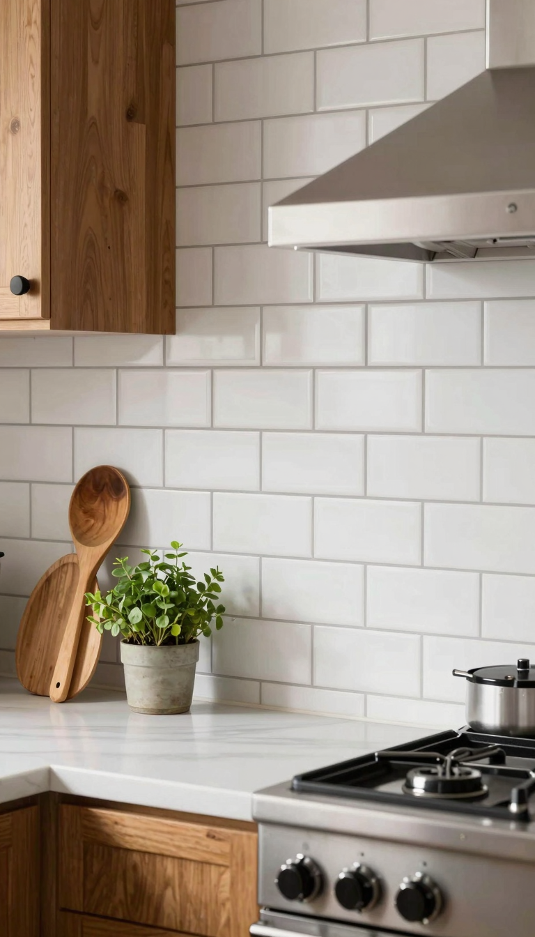 White subway tile backsplash with dark grout in a rustic kitchen