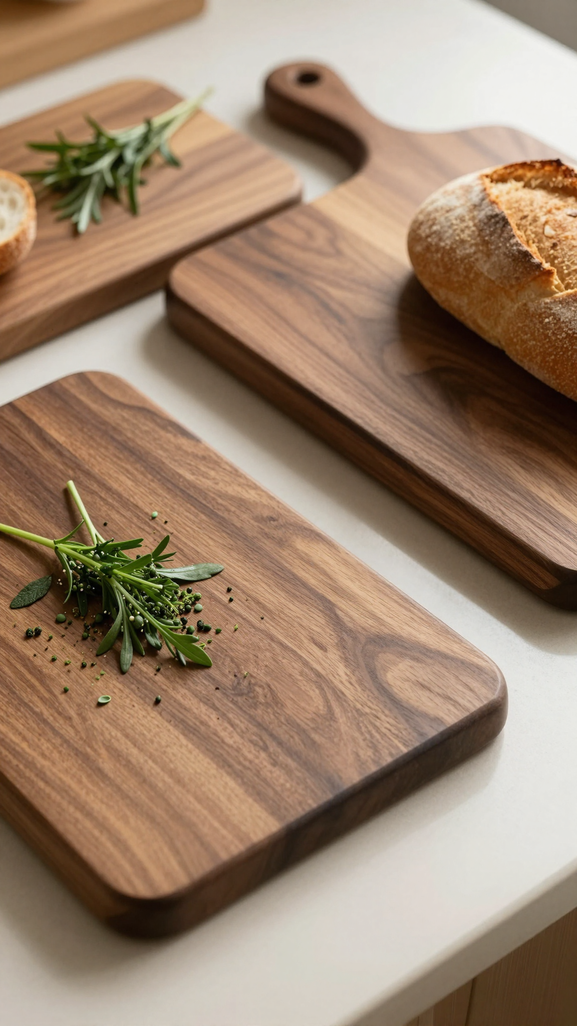 Wooden cutting boards on a kitchen counter with fresh herbs