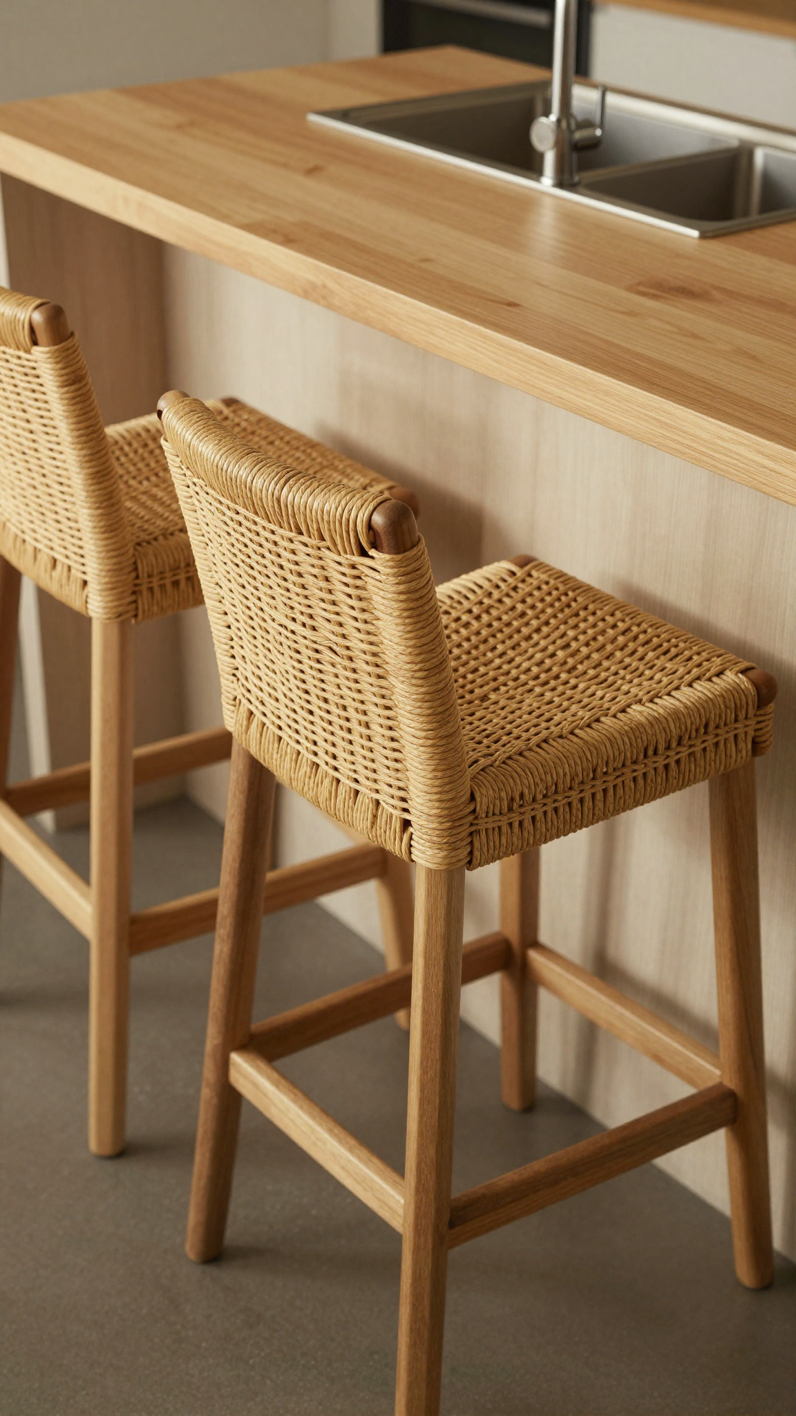 Woven rattan bar stools with wood legs at a kitchen island