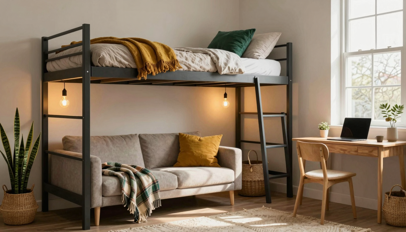 Cozy dorm room with lofted bed, warm lighting, and organized under-bed storage