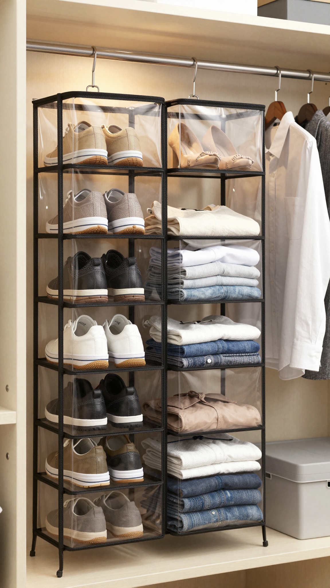 Hanging closet organizer on a closet rod filled with shoes and folded clothes