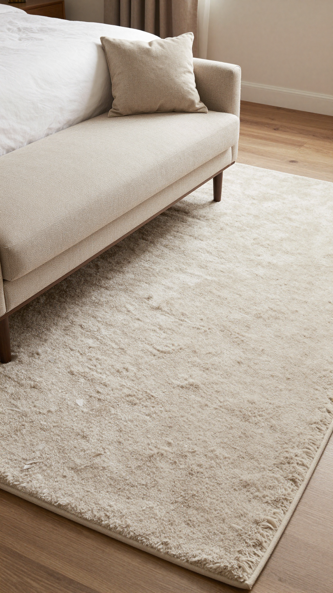 Plush area rug under a lofted bed with a futon and throw pillow