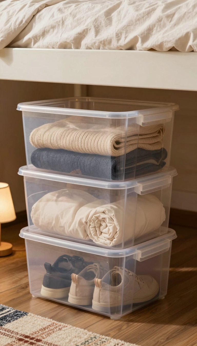 Clear plastic under-bed storage bins filled with folded clothes and shoes