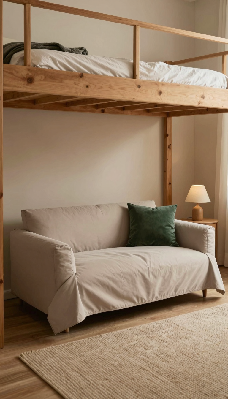 Compact futon under a lofted bed with a throw pillow and side table