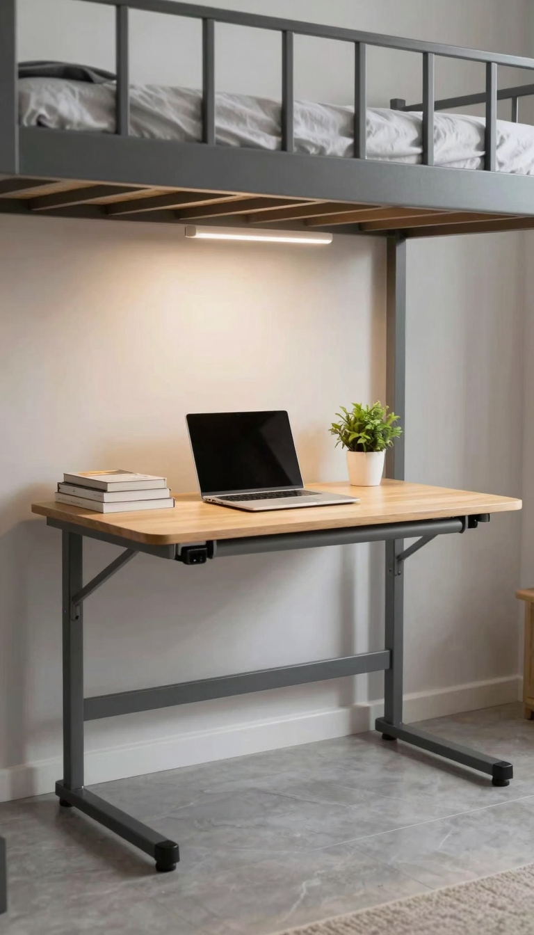 Foldable desk under a lofted bed with a laptop and textbooks
