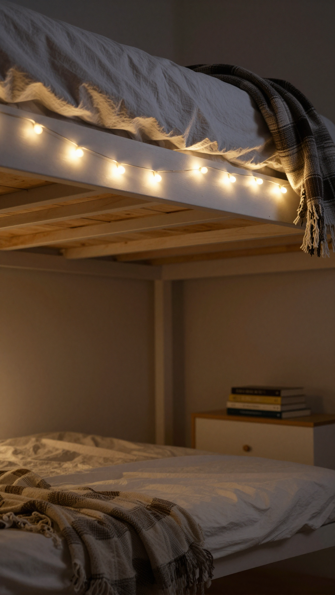 Warm white LED strip lights under a lofted bed frame