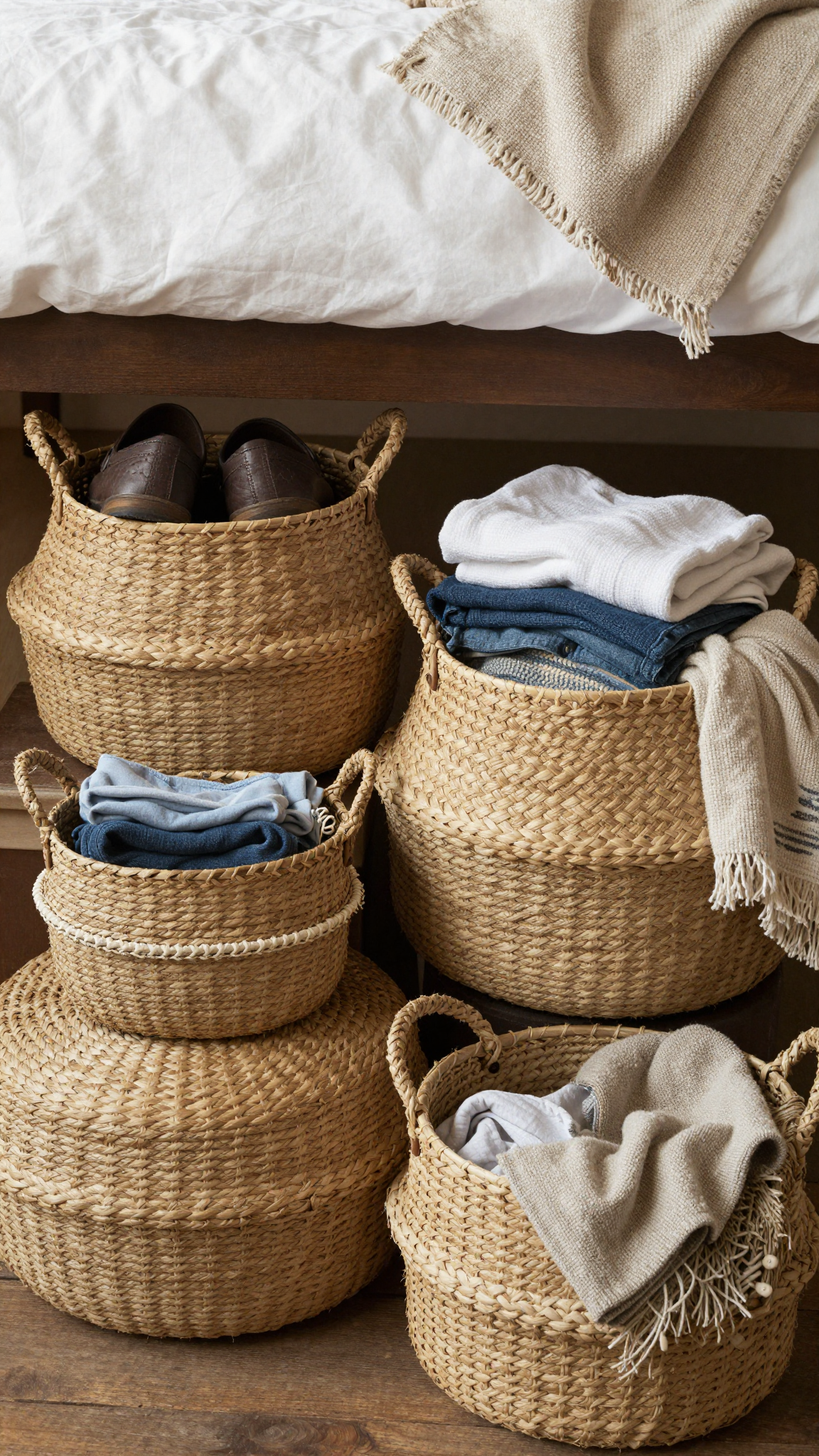 Woven baskets under a lofted bed filled with clothes and a throw blanket