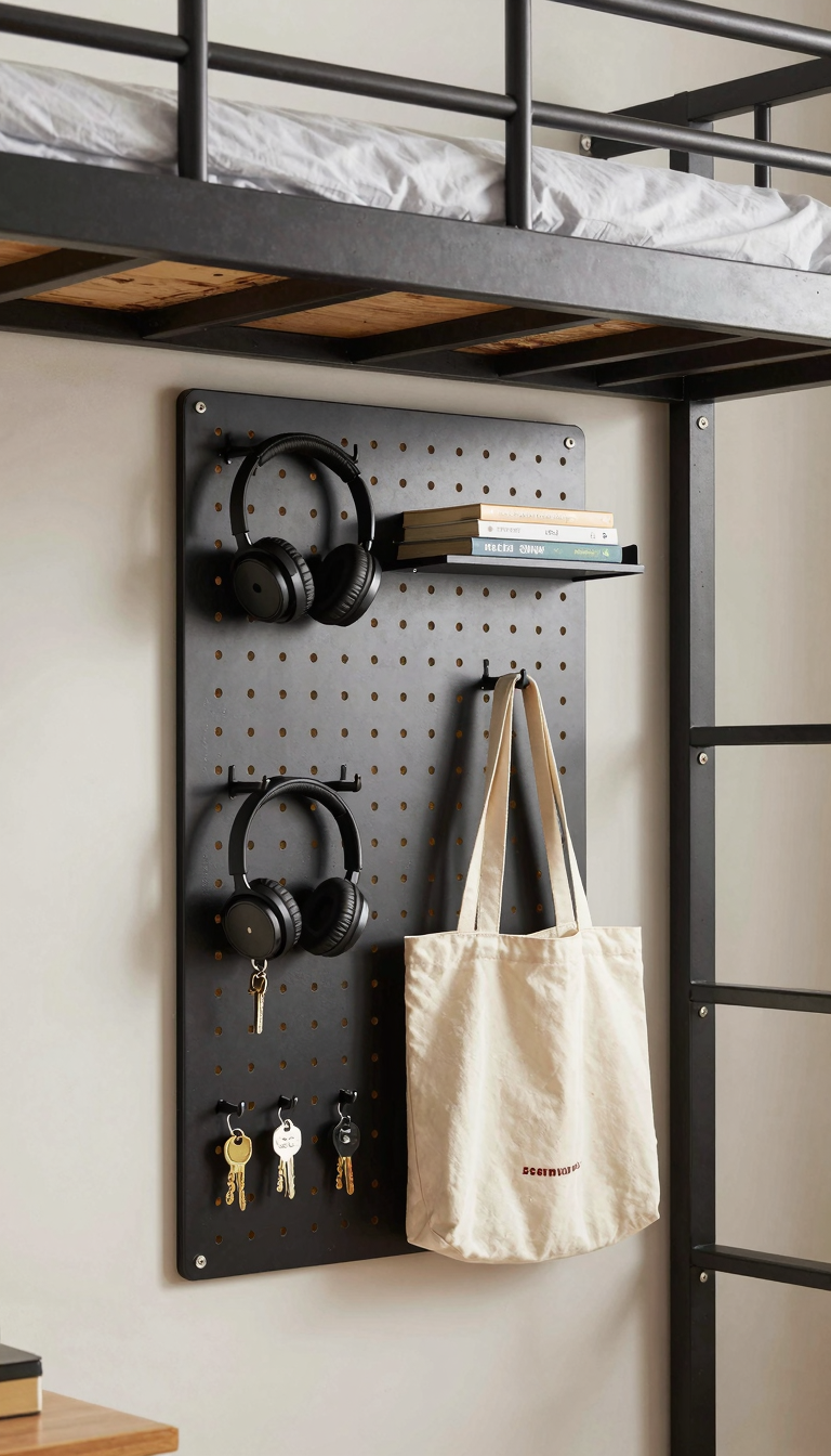 Pegboard organizer on a wall next to a lofted bed with hooks and shelves
