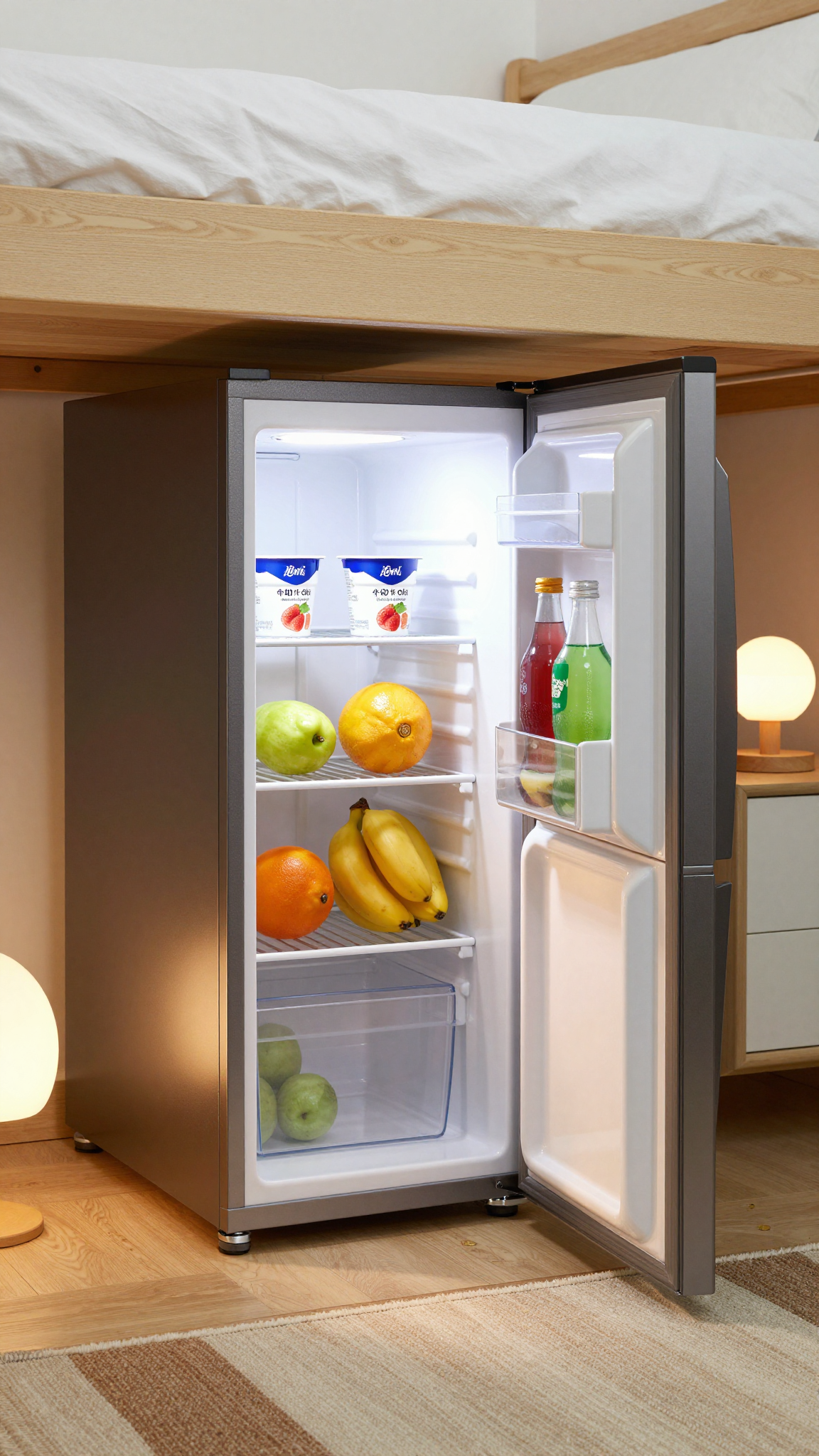 Compact refrigerator under a lofted bed with shelves stocked with snacks