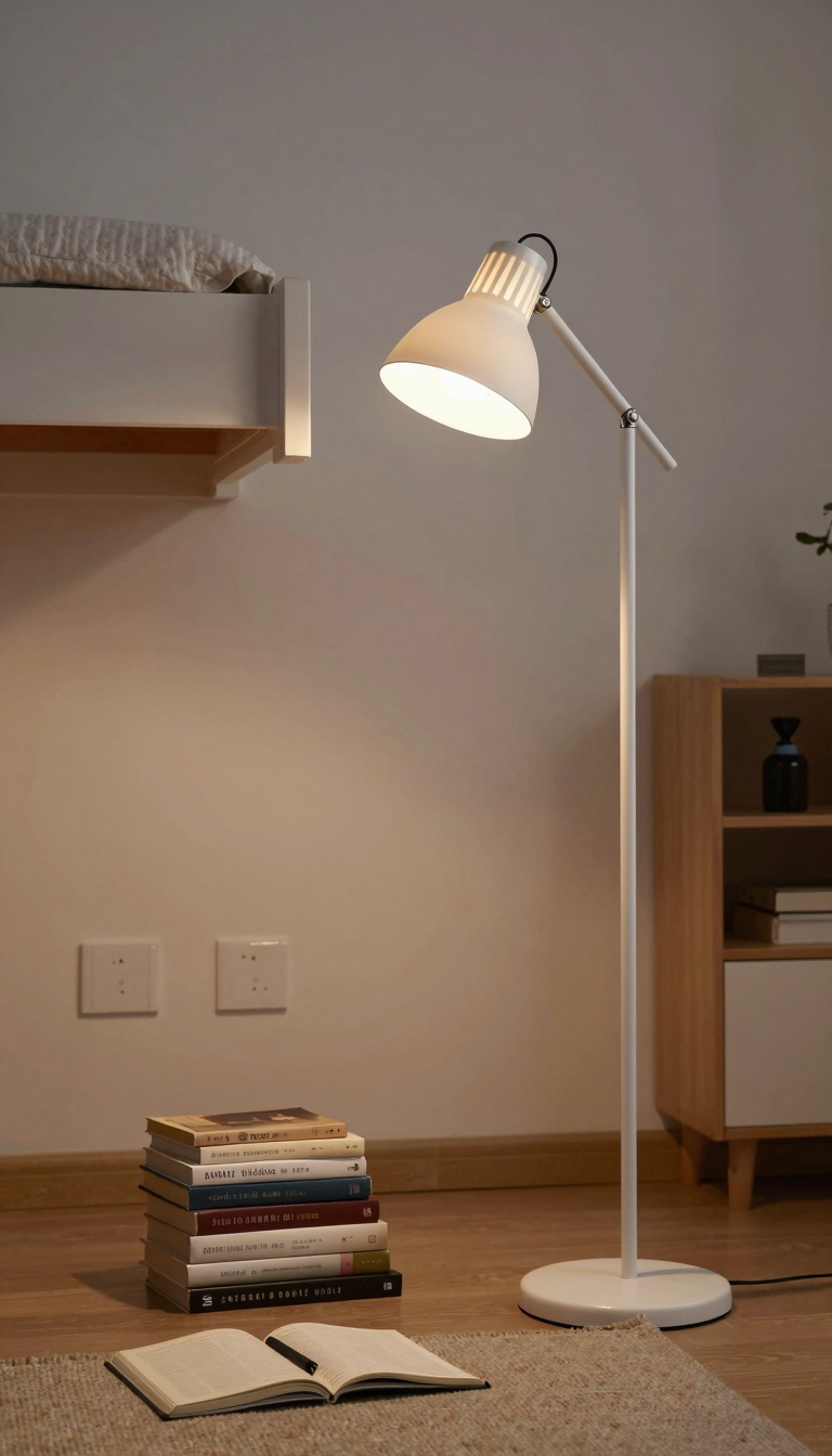 Floor lamp with adjustable arm next to a lofted bed casting warm light