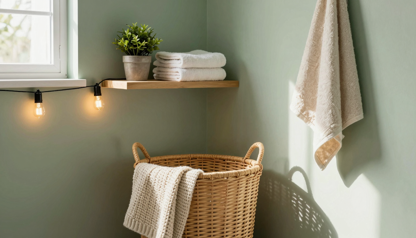 Cozy washroom corner with warm lighting, floating shelves, and natural textures