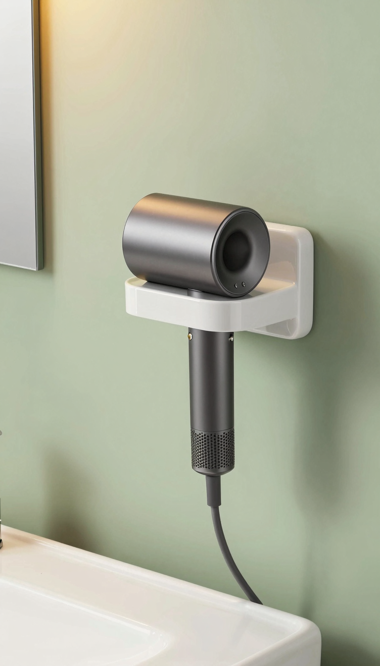 Wall-mounted ceramic hair dryer holder with a hair dryer