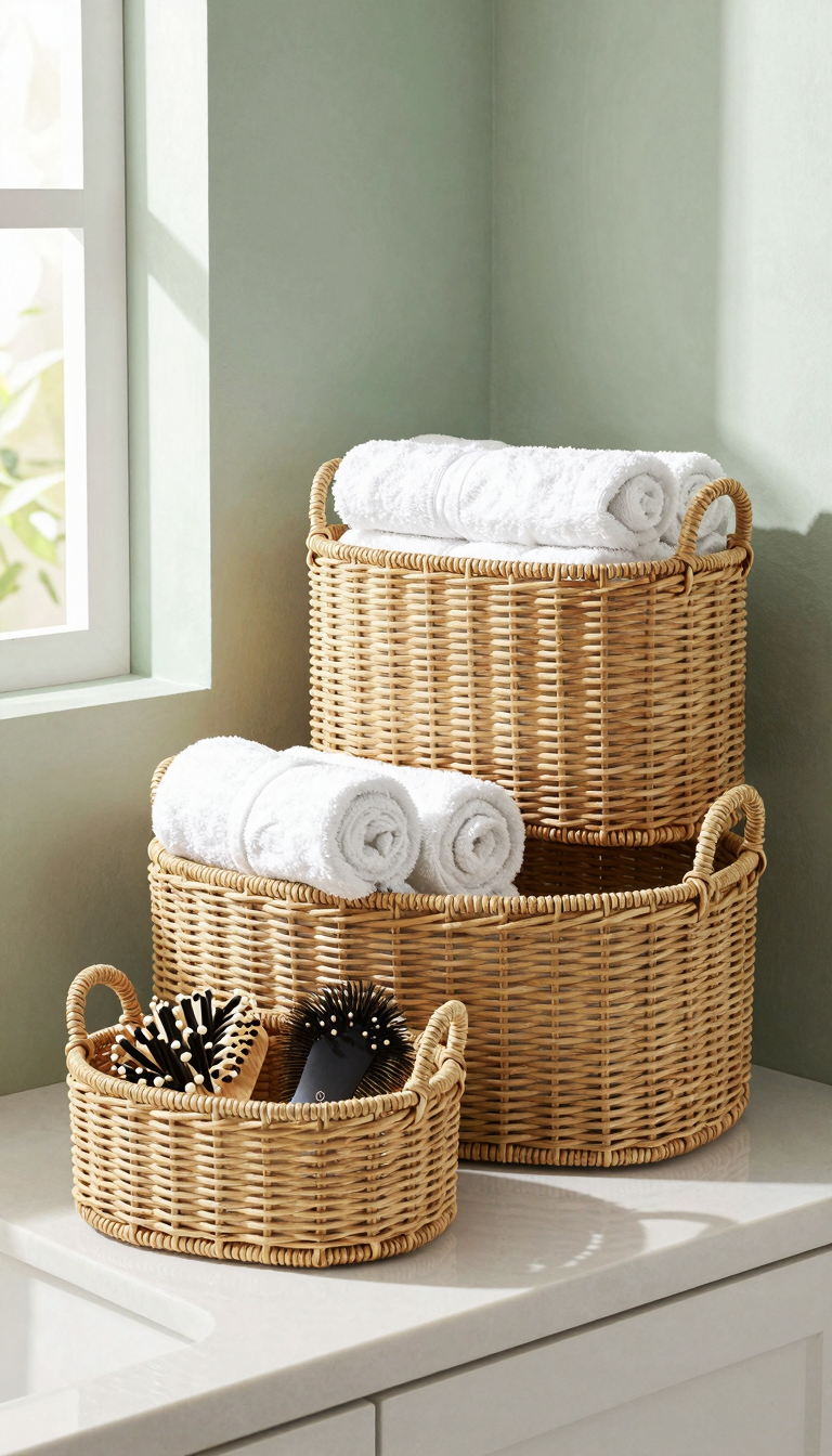 Set of three woven baskets holding rolled-up towels and toiletries