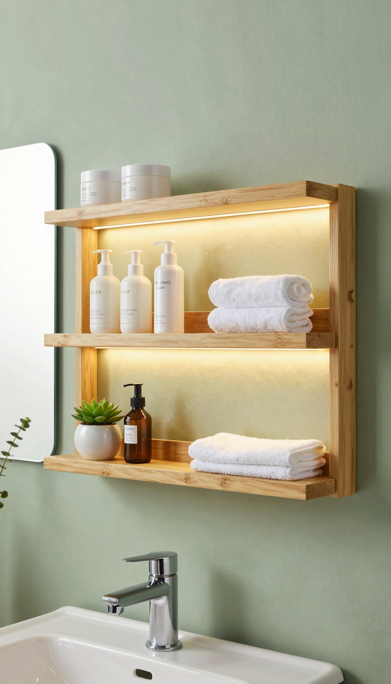 Floating shelves with LED lighting holding skincare and a plant