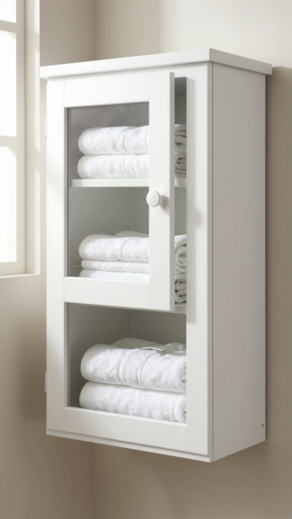 White over-the-toilet cabinet with mirrored door and towels inside