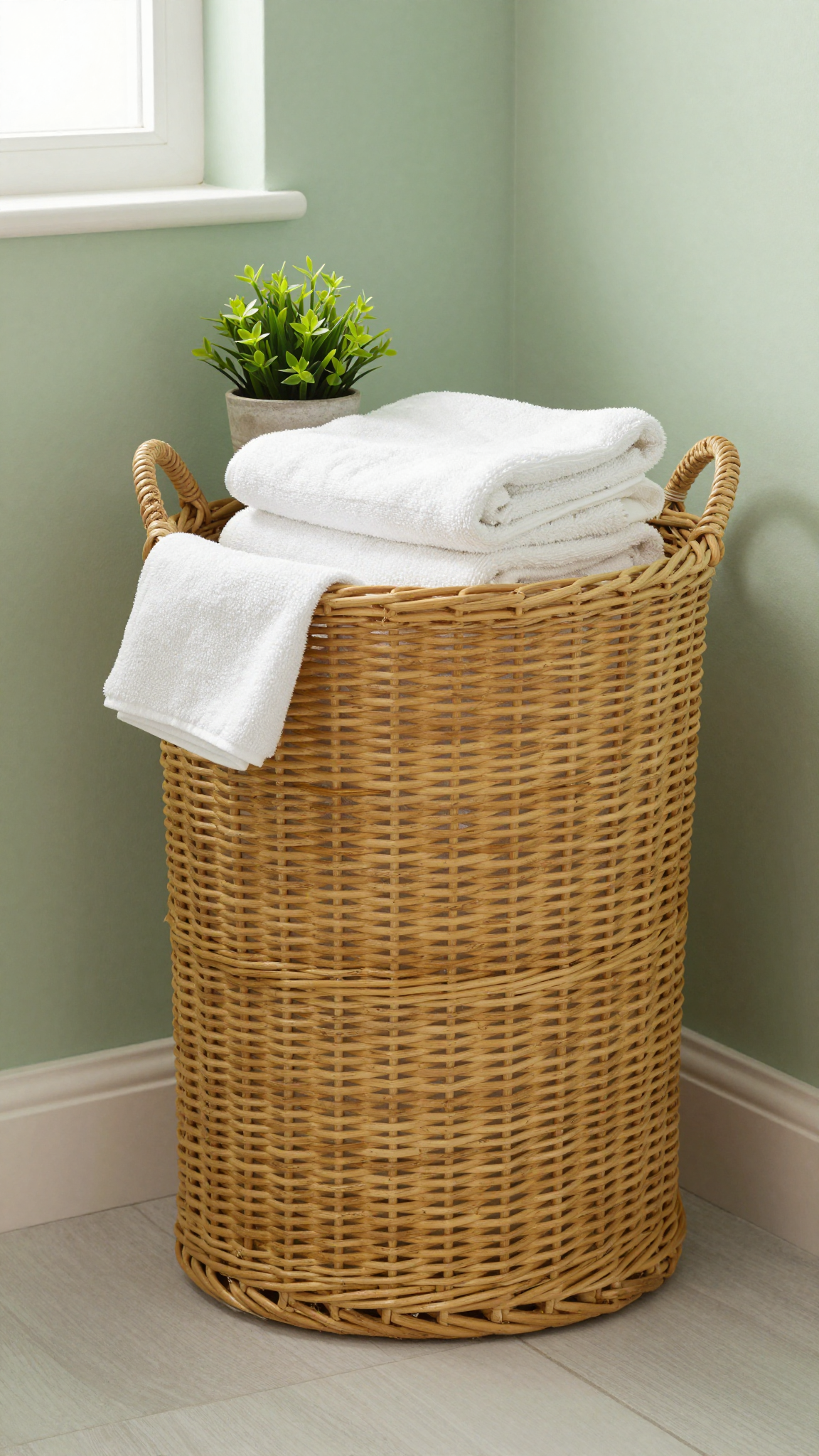 Wicker laundry hamper with towels and a plant on top