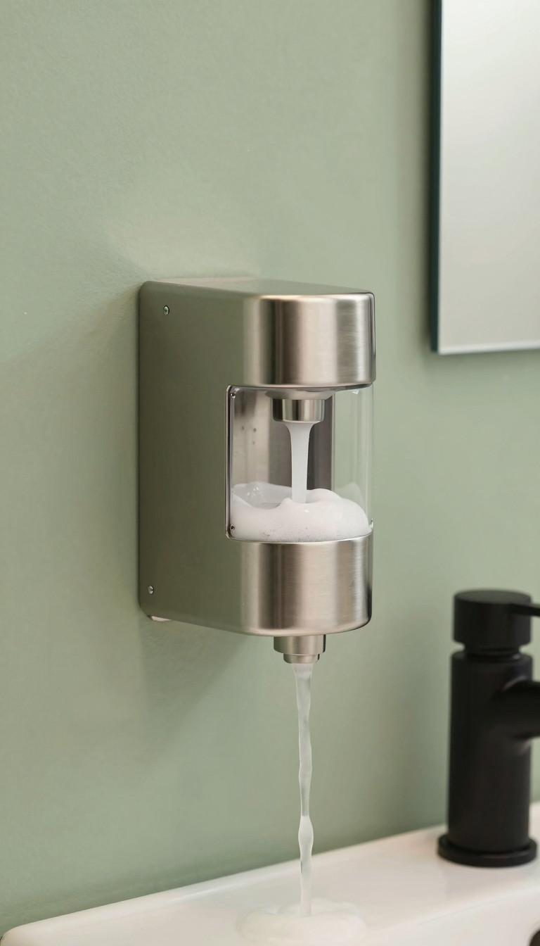 Wall-mounted soap dispenser in brushed nickel above a sink