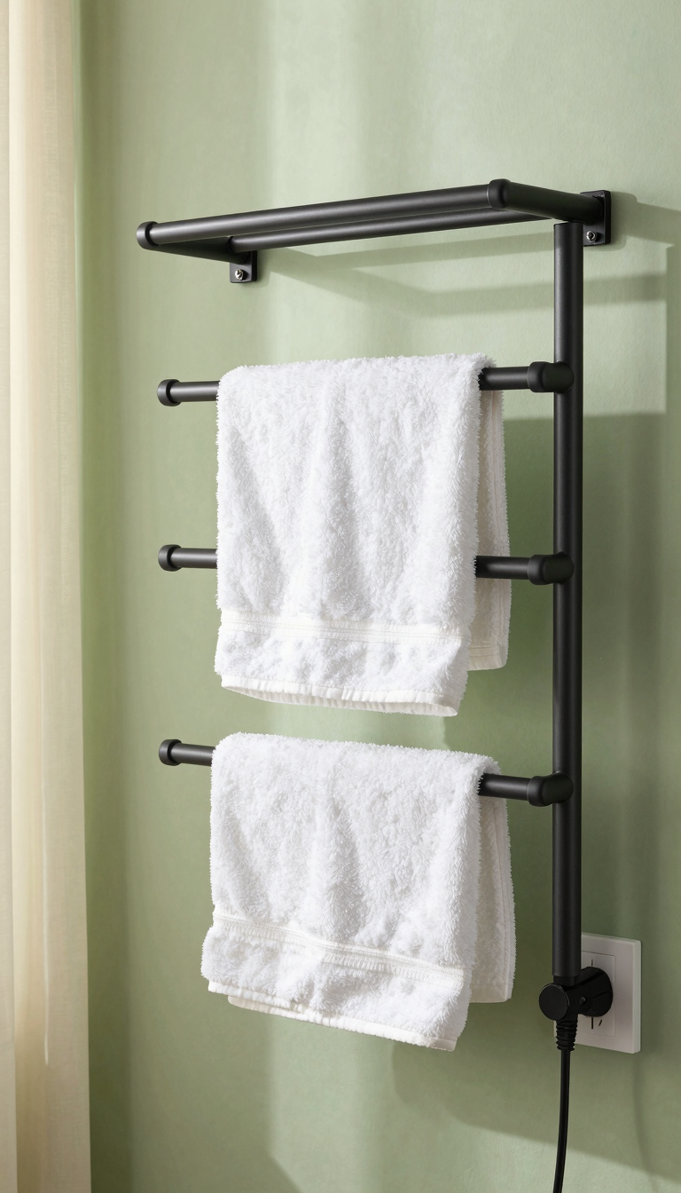 Heated towel rack in black with white towels