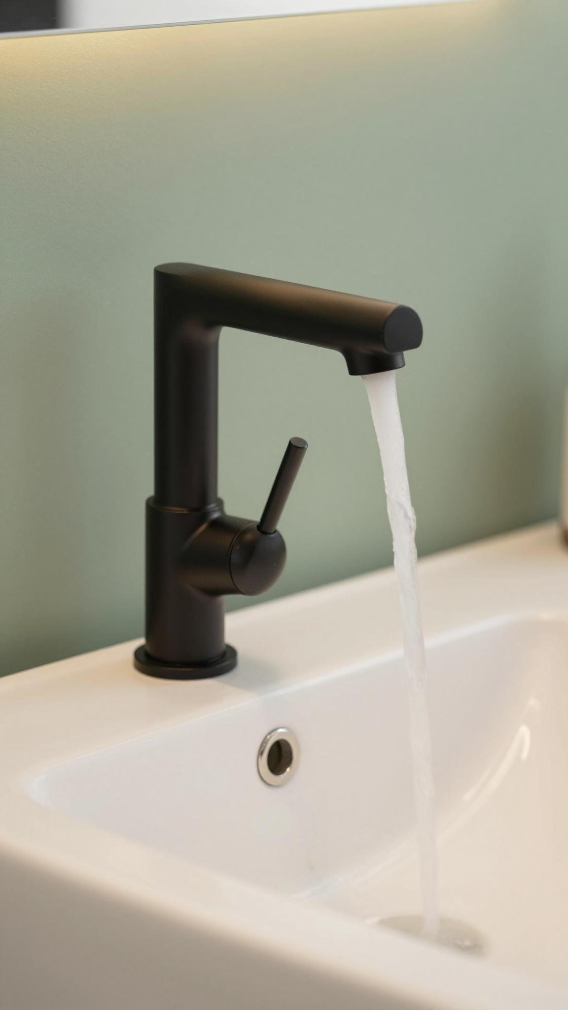 Matte black faucet with high arc spout above a white sink